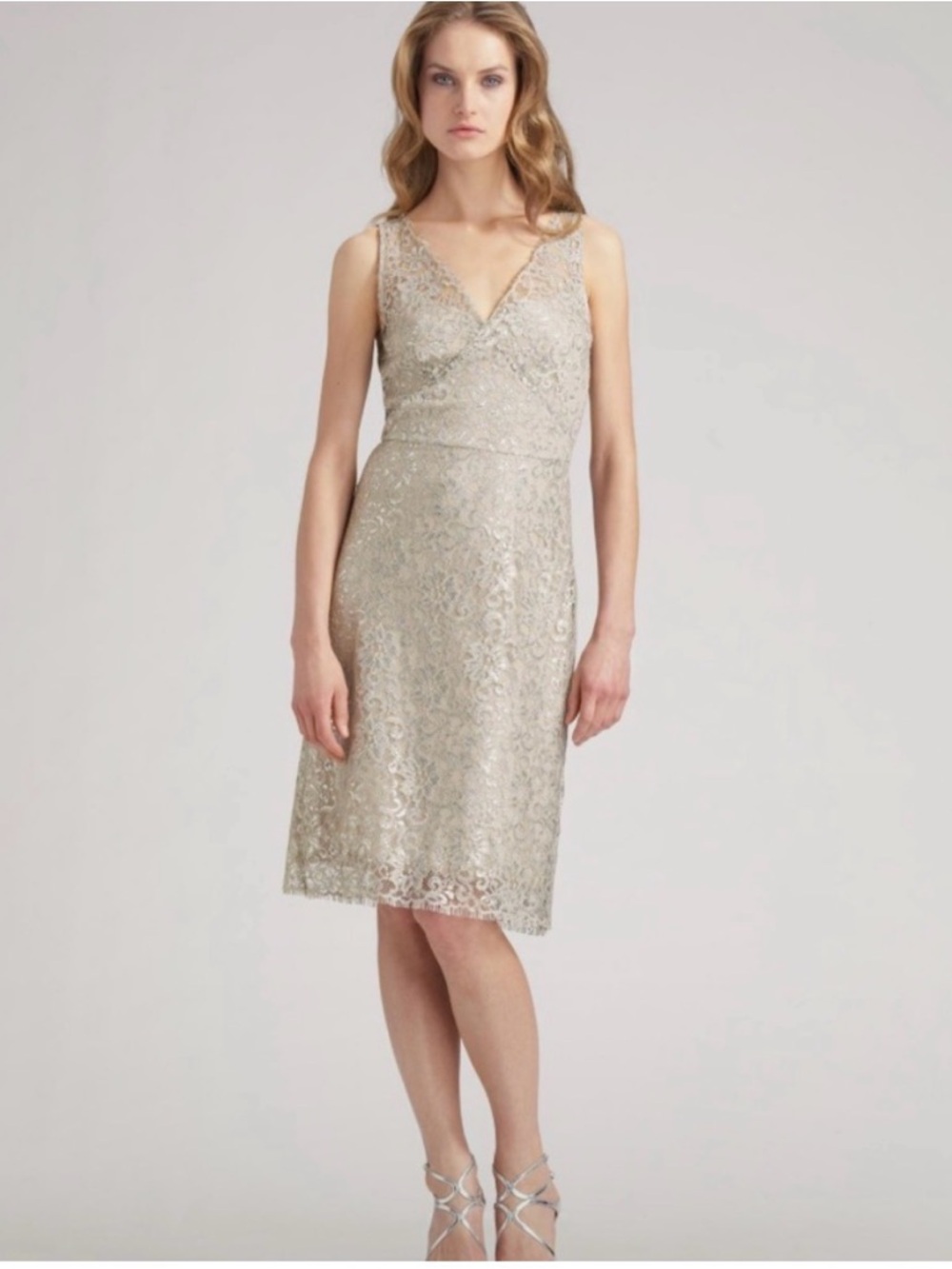 BCBG Silver Lace V-Neck Cocktail Dress